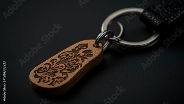 Fototapeta On a black background, an engraved keychain featuring detailed wood grain textures and a sturdy leather strap is displayed, highlighting its rustic and technical design.