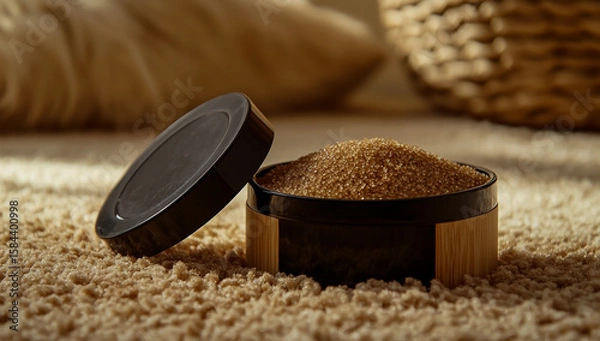 Fototapeta On the soft carpet sits a bamboo and black plastic jar, filled with a generous amount of brown sugar, the open lid revealing the thick, textured sweetness inside.