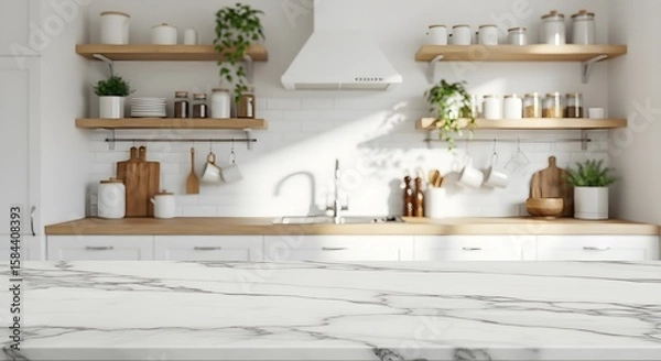 Fototapeta A marble countertop with blurred of a bright, modern kitchen. The soft focus on the interior background highlights. making it ideal for showcasing kitchen-related products.