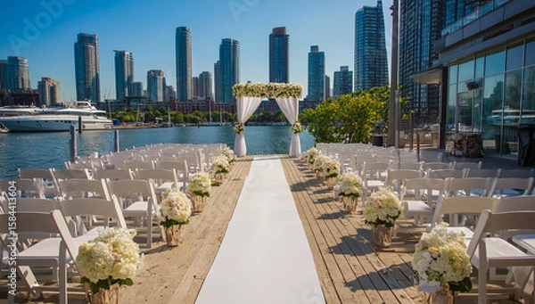 Fototapeta The wedding ceremony decor includes elegant white chairs and a long, elegant carpet spread out on the dock,