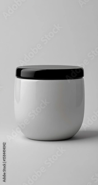 Fototapeta This is a ceramic jar with a sleek black lid, showcasing a minimalist design and smooth, clean lines.