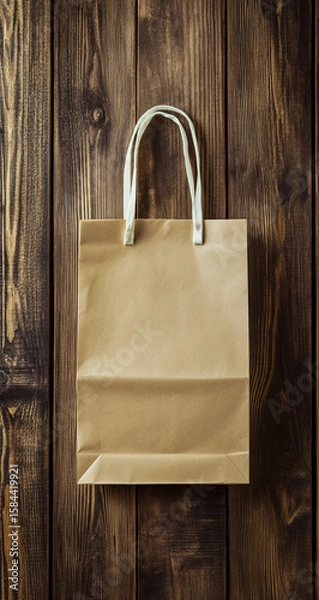 Fototapeta Top view of a realistic paper bag mockup placed on a rustic wooden surface, showcasing packaging design and texture details -