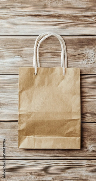 Fototapeta Top view of a realistic paper bag mockup placed on a rustic wooden surface, showcasing packaging design and texture details -