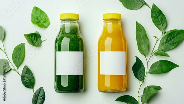 Fototapeta Two bottles of green and yellow juice with blank labels on a clean white background, with fresh green leaves on the right, creating a natural freshness.