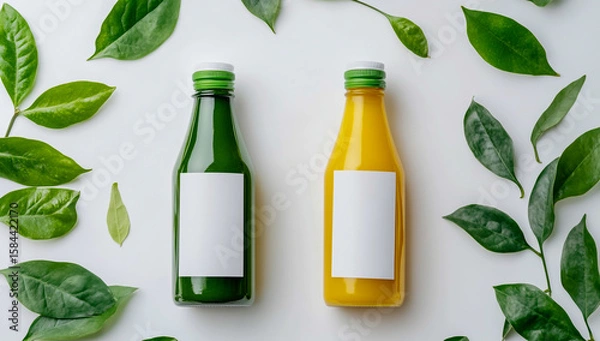 Fototapeta Two bottles of green and yellow juice with blank labels on a clean white background, with fresh green leaves on the right, creating a natural freshness.