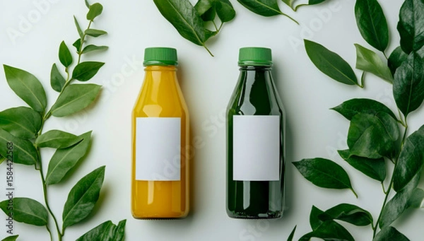 Fototapeta Two bottles of green and yellow juice with blank labels on a clean white background, with fresh green leaves on the right, creating a natural freshness.