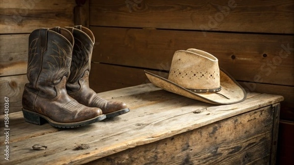 Fototapeta Western Boots and Hat Still Life Rustic Wooden Chest Composition, Cowboy Gear, Vintage, Western, Rustic ,Cowboy,Still Life