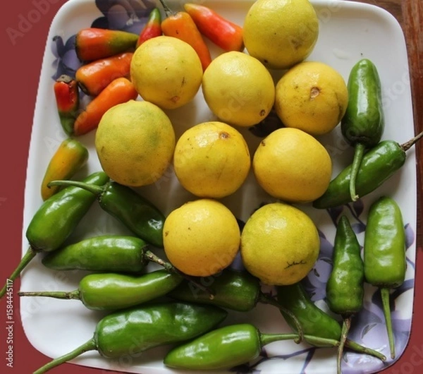 Obraz fresh chili, lemon on a plate.