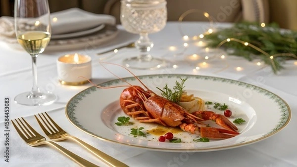 Fototapeta Elegant table setting for a Christmas dinner, featuring gourmet fish and wine glasses