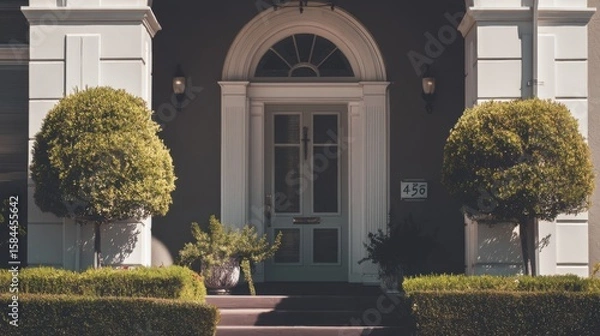 Fototapeta Stately home entrance with light-colored door, brass handle, semi-circular transom window, manicured spherical trees, vintage lanterns, and potted plant.