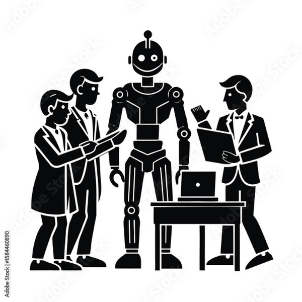 Fototapeta Flat Vector Of Humanoid Robot Collaborating With Human Engineers vector silhouette on white background