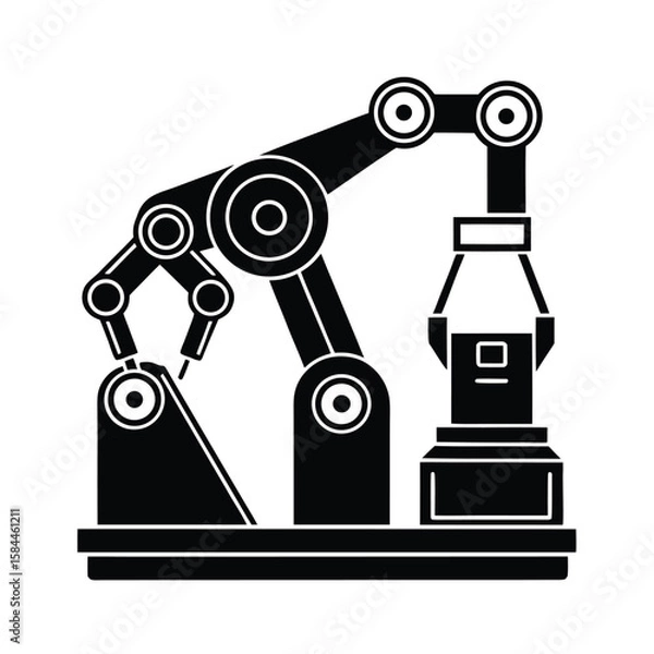 Fototapeta Line Art Showing Automated Manufacturing Process With Robotic Assembly vector silhouette on white background