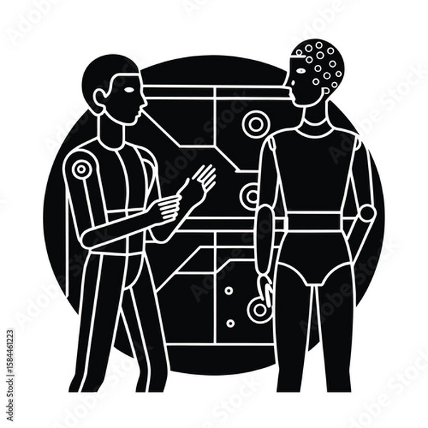 Fototapeta Line Art Of Human And AI Collaborating On Digital Screen Projects vector silhouette on white background