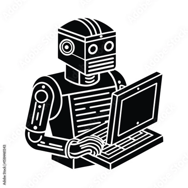 Fototapeta Outline Art Of AI Robot Typing Software Code For Development Projects vector silhouette on white background