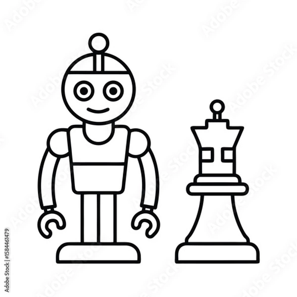 Fototapeta Robot Using Machine Learning To Play Strategic Chess And Improve Skills vector line art on white background