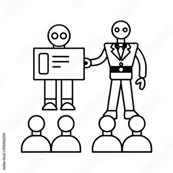 Fototapeta Vector Of Humanoid Robot Presenting Business Reports And Data Insights vector line art on white background