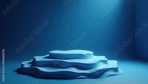 Fototapeta A blue podium that undulates and flows under soft spotlights in a monochromatic room, evoking a sense of movement and calm in a minimalist and abstract setting.
