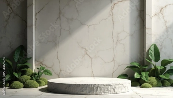 Fototapeta A round marble podium is placed against a cracked-texture wall, surrounded by green moss and broad-leaf plants, creating a modern yet natural presentation scene.
