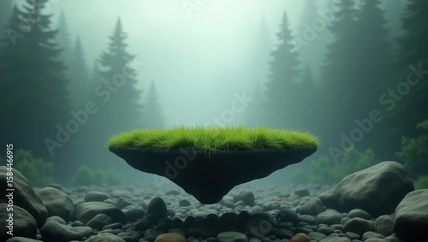 Fototapeta A floating grass-covered island hovers mysteriously above a rocky forest floor in a foggy pine woodland, creating a surreal and mystical atmosphere.
