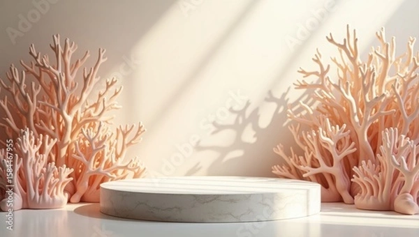 Fototapeta A marble-textured round platform surrounded by sculpted coral-like structures in soft pink tones, bathed in warm natural light and casting delicate shadows on a neutral background.
