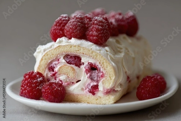 Obraz A charming raspberry meringue roll with fluffy cream and fresh raspberries ideal for a sweet indulgence