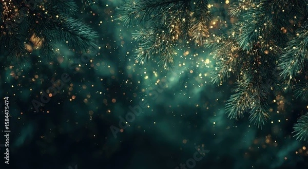 Fototapeta Sparkling Christmas tree branches in a dark, moody background