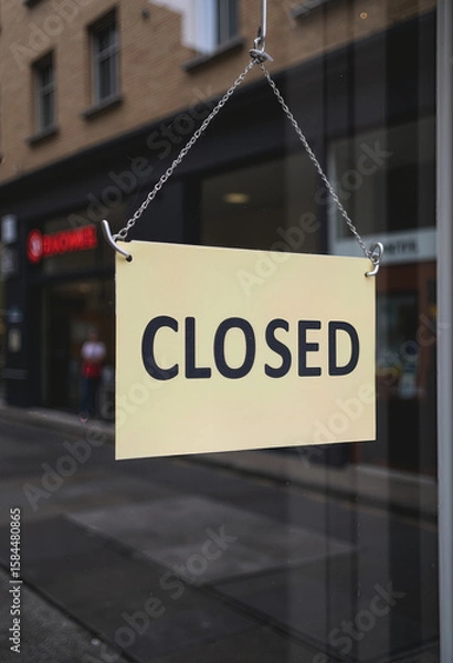 Fototapeta Clearly Communicate Business Hours: A Simple Beige "CLOSED" Sign Hanging in a Shop Window, Indicating Temporary Closure or Off-Hours for a Storefront, Restaurant, or Cafe.
