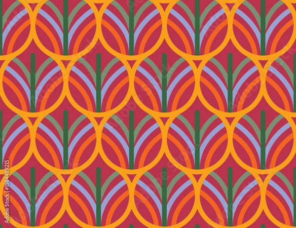 Fototapeta Retro Inspired Circular Pattern Design with Orange Accents and a Deep Red Background for a Vintage Aesthetic