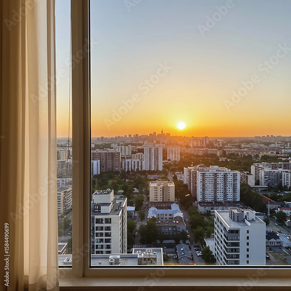Obraz A stunning cityscape view at sunset, framed by a window with curtains.