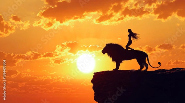 Fototapeta Beautiful girl riding on the back of a lion, standing on a cliff in the sunset