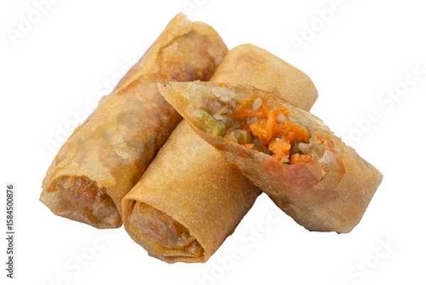 Obraz Vietnamese spring rolls with pork meat or crispy spring rolls filled with pork and shrimp. Vietnamese food Cha gio or Vietnamese egg rolls isolated. PNG transparency	
