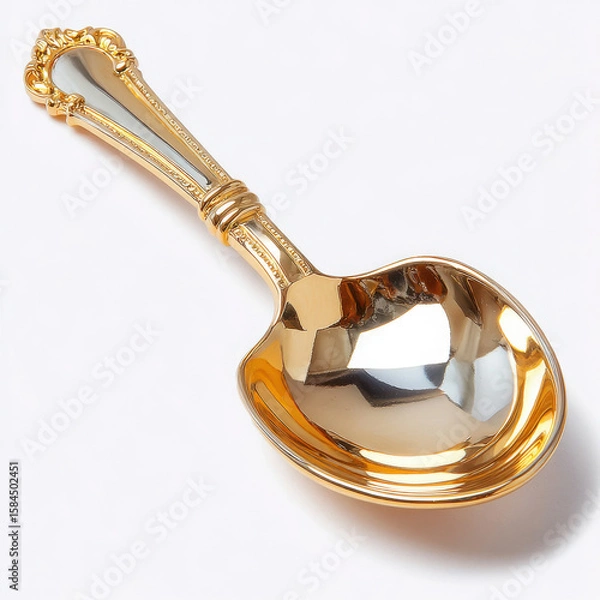 Fototapeta Golden ornate spoon with shiny reflective surface on white