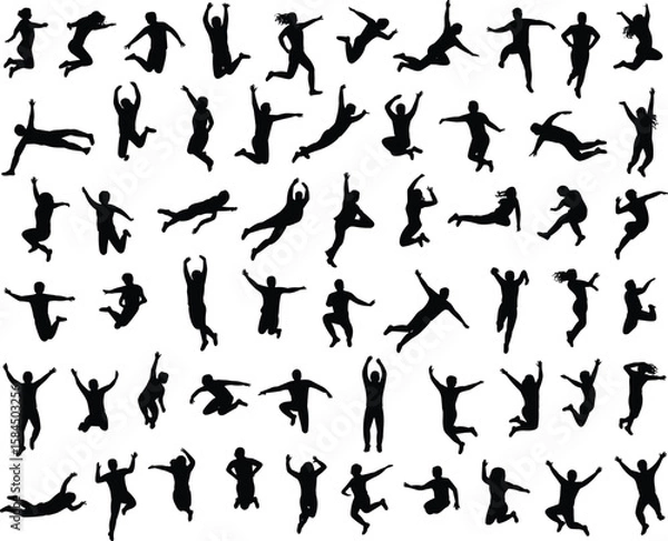 Fototapeta CAD drawing flat vector illustration, silhouette people jumping and leaping, energetic human poses, action motion figures, active man and woman movement
