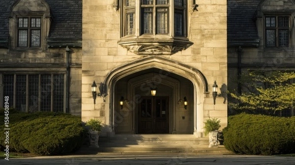 Fototapeta Grand entrance of a stately historic building with light-colored stone facade, large arched doorway, warm lantern glow, symmetrical windows, and manicured green shrubs.