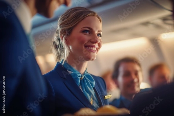 Fototapeta A flight attendant serving passengers on an airplane, surrounded by the interior of their aircraft with other cabin crew and passengers.