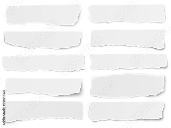 Obraz Zbiór wydłużonych fragmentów podartego papieru na białym tle