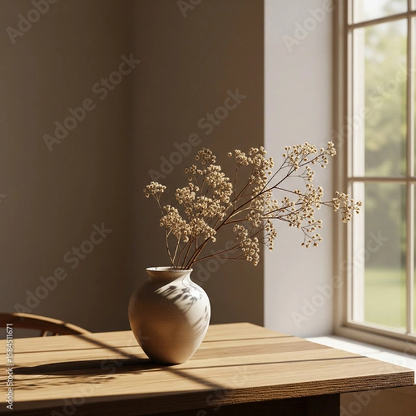 Fototapeta Vase of fresh flowers placed on a table near a window in a cozy room.