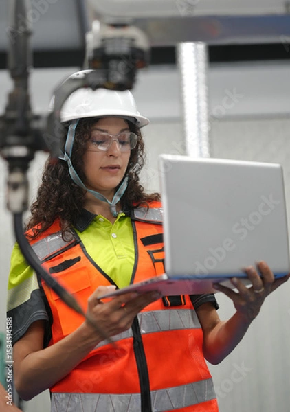 Fototapeta Hispanic engineer woman working on AI technology in robotics electronics engineering laboratory. University students' research project is programming robot machine with intelligent mechanical control