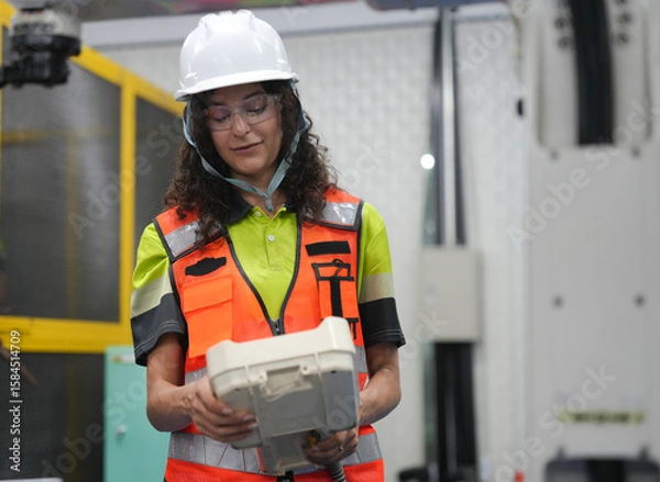 Fototapeta Hispanic engineer woman working on AI technology in robotics electronics engineering laboratory. University students' research project is programming robot machine with intelligent mechanical control