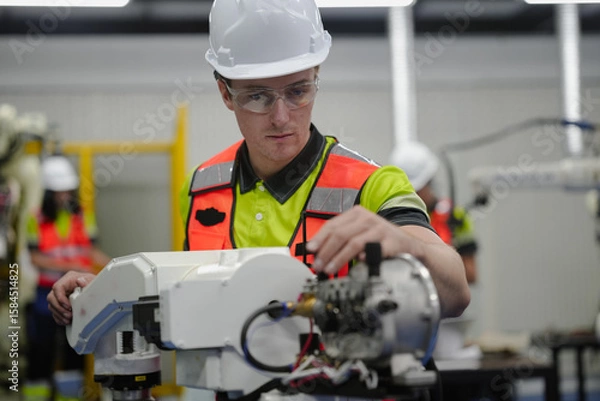 Fototapeta Smart Caucasian engineer working on AI technology in robotics electronics engineering laboratory. University students' research project is programming robot machine with intelligent mechanical control