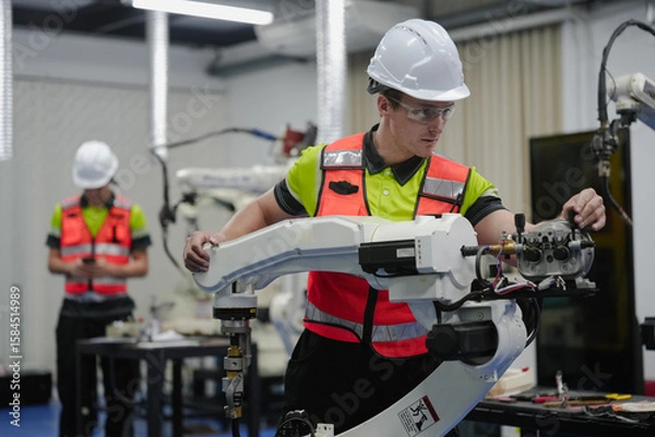 Fototapeta Smart Caucasian engineer working on AI technology in robotics electronics engineering laboratory. University students' research project is programming robot machine with intelligent mechanical control