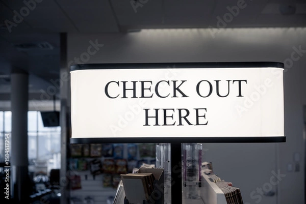Fototapeta Close up view of illuminated Check out here sign at the store , automatic check out counter.