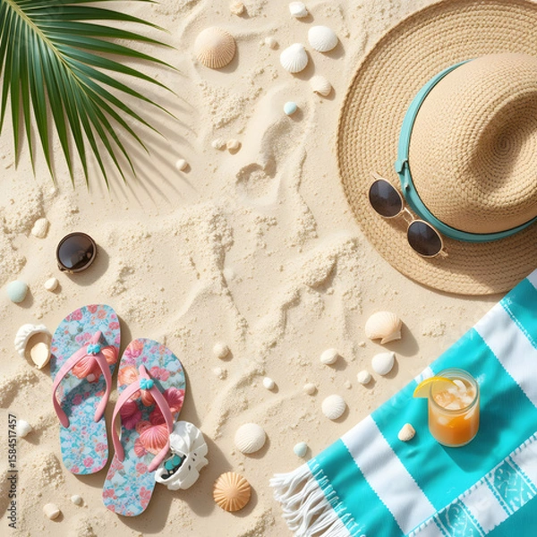Obraz Flat Lay Summer Vacation Background on Beach Sand