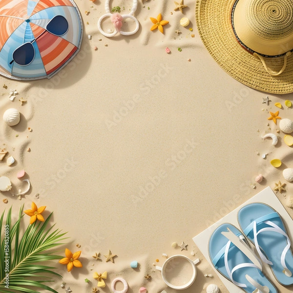 Obraz Flat Lay Summer Vacation Background on Beach Sand