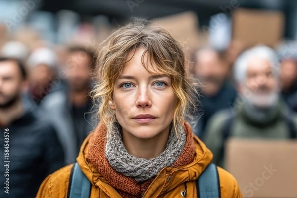 Fototapeta Young woman participating in protest march with a determined look, emphasizing the power and passion of social activism and civic engagement