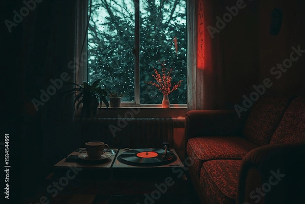 Fototapeta A cozy, dimly lit room offers comfort on a rainy day. A record player and coffee cup sit on a table, with plants by a window showing rain-streaked trees. Perfect for relaxation and mood.