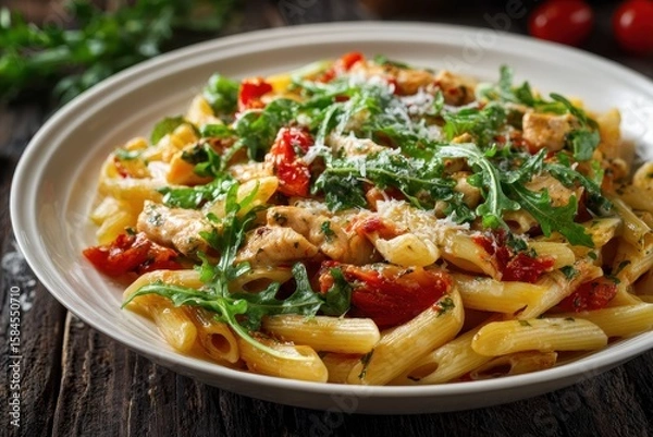 Obraz Traditional chicken pasta with arugula tomatoes and cheese