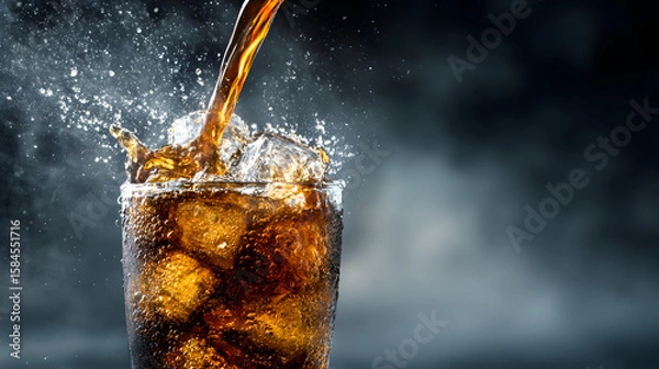 Fototapeta Dynamic shot of cola being poured into a tall glass with ice and water splashes against a dark background