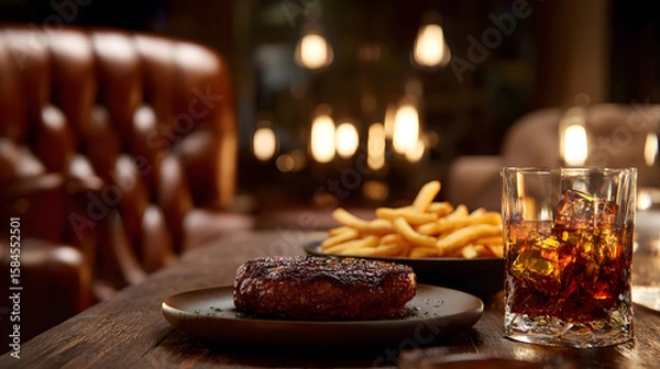 Obraz Aged Steak Served with Fries and Bourbon Drink in Cozy Restaurant Environment