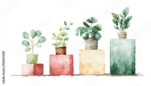 Obraz Watercolor plants in pots on tiered blocks